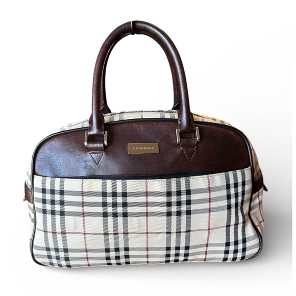 Burberry Handbags - Burberry Brown Leather & Beige Plaid Satchel